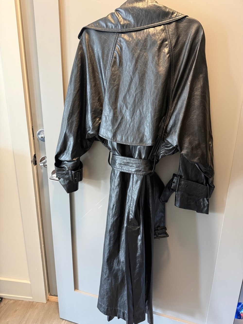 ZARA Black Faux Leather Trench Coat with Belt - Picture 3 of 3